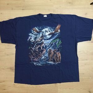 Nature Scene T Shirt Mens XXXL Blue Wolves Bears‎ Eagle Full Moon River Outdoor